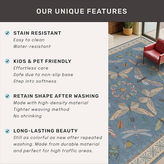 Hazo Haus Washable Blue Rugs for Bedroom Bedside - 3x4 Area Rug for Large Kitchen, Entrance Indoor, Boho Insect Print Bug Décor, Non Slip Low Pile Fade Resistant