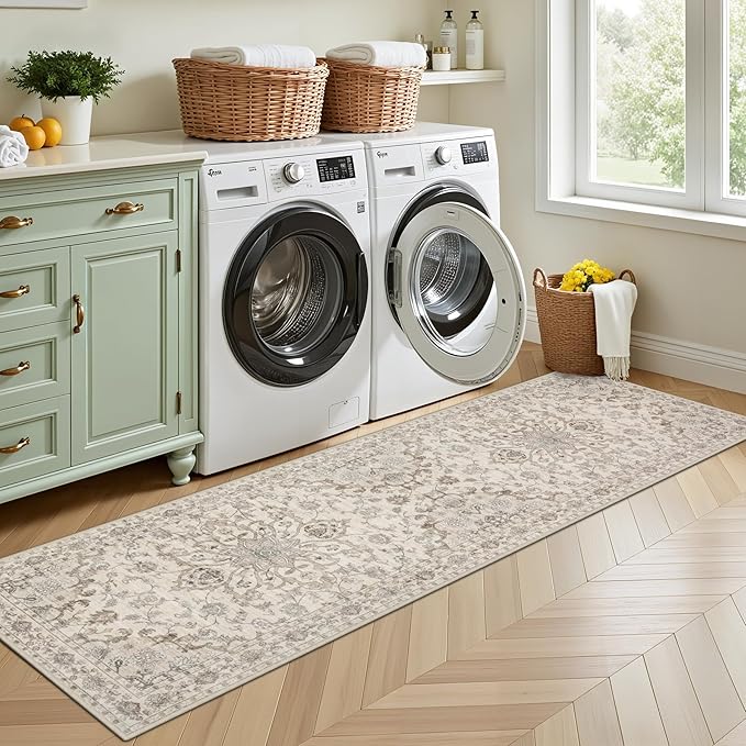 Hallway Runner Rug Non Slip - Washable 2.6x8 Kitchen Rugs for Living Room, Low-Pile Soft Bedroom Rug Indoor Floor Stain Resistant Carpets for Entryway, Laundry, Bathroom Beige