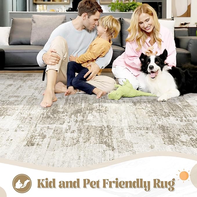 XLUEZ 8x10 Area Rugs for Living Room, Washable Modern Abstract Large Area Rug Neutral Soft Non Slip Kids Rug Stain Resistant Indoor Carpet for Bedroom Nursery Dining Room Playroom(BeigeBrown, 8'x10')