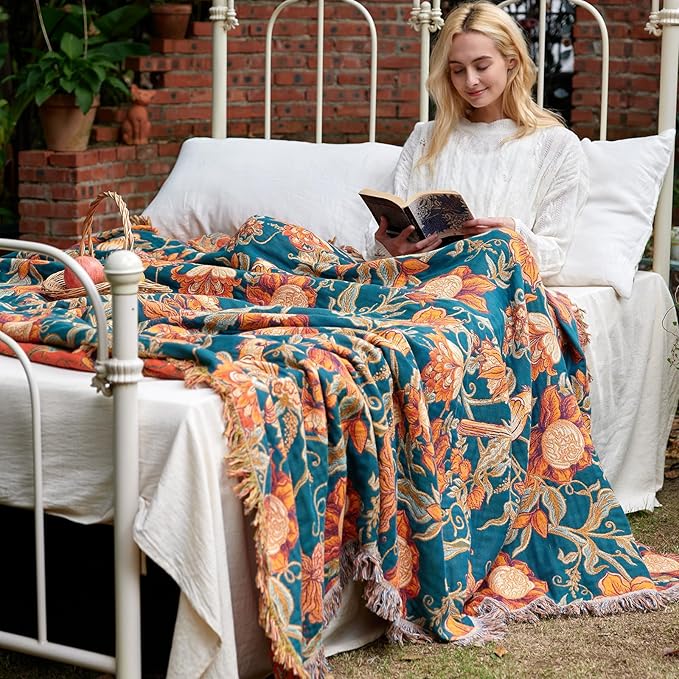 MSGKV Boho Throw Blanket for Couch Chair 100% Cotton Floral Bird Blanket 50"x60" Sofa Blankets Muslin Spring Breathable Lightweight Farmhouse Blankets Home Decor All Seasons