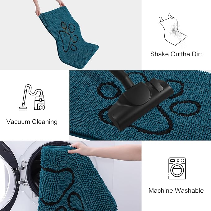 Smiry Dog Door Mat for Muddy Paws, Absorbent Dirt Trapper Non Slip Quick Dry Washable Chenille Mat for Mud Dogs, Entry Rug for Indoor and Outdoor (30x20 Inches, Atlantic Blue and Black)