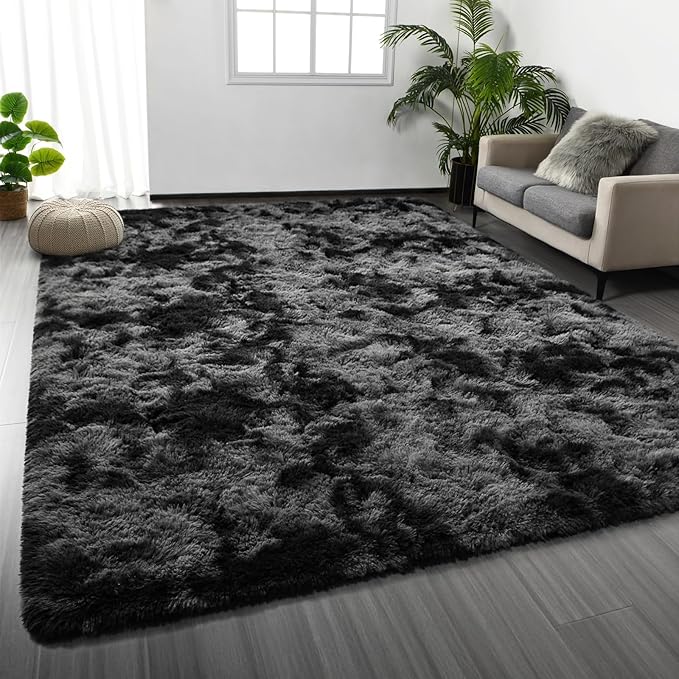 Deerhoo Large Shag Area Rugs 9 x 12, Tie-Dyed Plush Fuzzy Rugs for Living Room, Ultra Soft Fluffy Furry Rug for Bedroom, Indoor Carpet Nursery Rugs for Kids Room Home Decor, Dark Grey