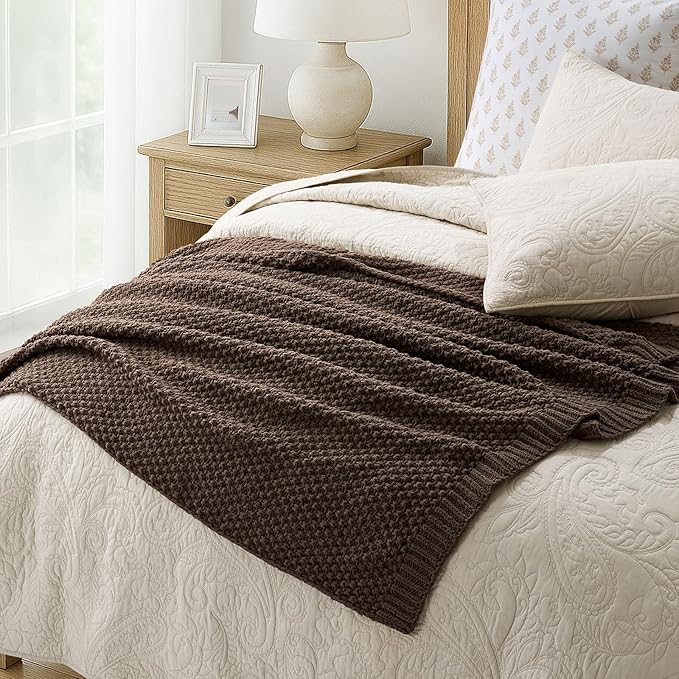 EVERGRACEHOME Chunky Chenille Knit Throw Blanket for Couch, Soft Luxurious Moss Stitch Blankets for Bed, Cozy Decorative Farmhouse Knitted Throws for Sofa, Cocoa Brown, 50" x 60"