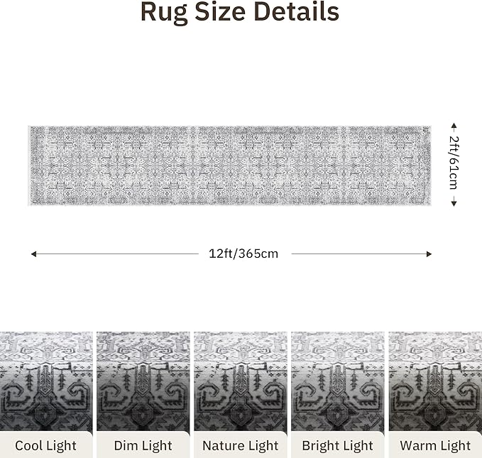 Hallway Washable Runner Rug 2x12 - Non Slip Vintage Kitchen Runner Rugs for Entryway Low-Pile Waterproof Long Runners for Living Room Bedroom Medallion Indoor Floor Mat for Bathroom Laundry Grey