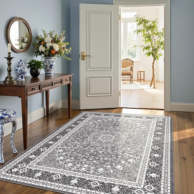 Lofus 6x9 Area Rugs for Living Room, Machine Washable Non-Slip Area Rug, Low Pile Large Rugs for Bedroom, Kitchen, Dining Room, Home Office, Vintage Oriental Print Rug, Light Grey with White
