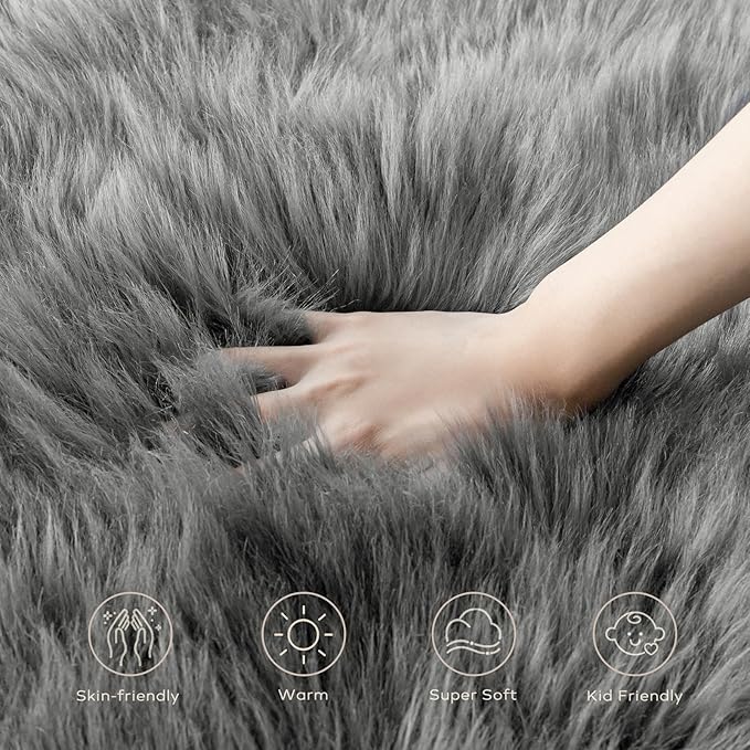 Ashler Faux Fur Area Rug - Ultra Soft Fluffy Shaggy Sheepskin 3 x 5 Feet, Dark Grey, Machine Washable - Nursery Decor Throw for Bedroom, Living Room, Kids Room