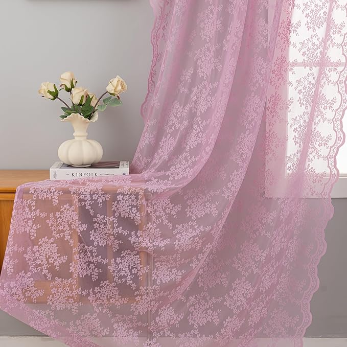 YJ YANJUN Vintage Lace Curtains 108 Inch Long-Victorian Floral Pattern Lilac Sheer Curtain Panels for Living Room Bedroom,Light Filtering, Cute Girls Drapes 2 Panels 52W x 108L Purple Blush
