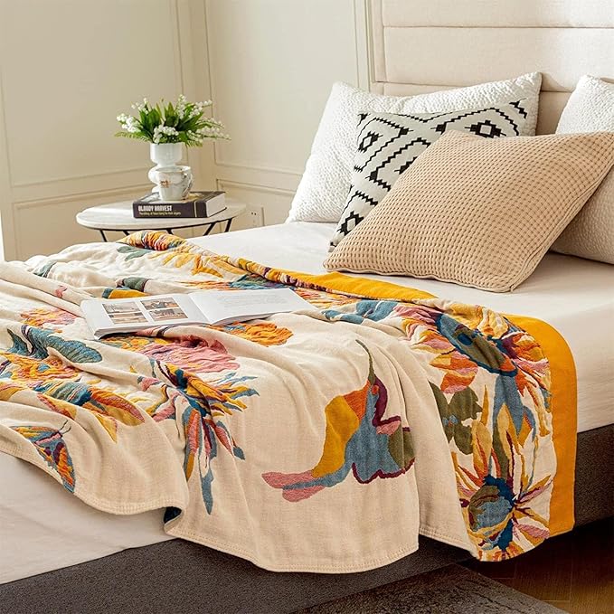 MSGKV Boho Throw Blanket Queen Size 90"x90" Cotton Blanket for Bed Spring Breathable Throw Blanket for Living Room Home Decorative