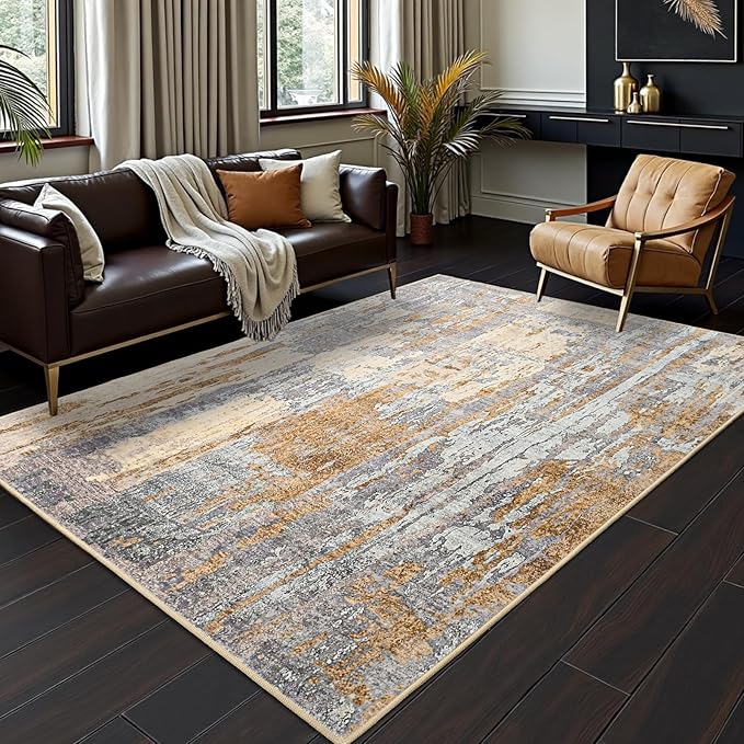 Toneed Abstract Area Rug Modern Washable Rug Soft Non Slip Rug Low Pile for Bedroom Living Room Dining Room Camel 5x7 Feet