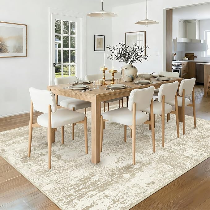Washable Area Rugs 9'x12' Non-Slip Modern Abstract Soft for Living Room Entryway Bedroom Nursery, Print Pattern, Beige Cream Brown