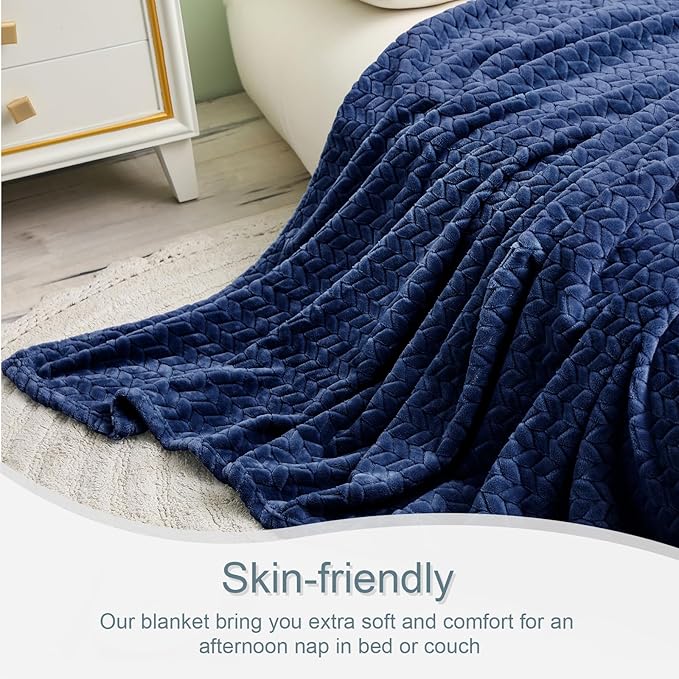 Exclusivo Mezcla Fleece Throw Blanket for Couch and Bed, 50x70 Inches Soft Cozy Jacquard Flannel Blankets, Lightweight Fuzzy Plush Warm Throws for Women, Navy Blue