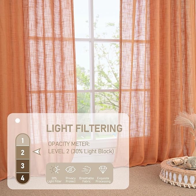 LAMIT 54 Inch Semi Sheer Window Linen Curtains, Light Filtering Panels Back Tab and Rod Pocket Country Decor Drapes for Bedroom/Farmhouse, Burnt Orange, 2 Panels, 34 x 54 Inch