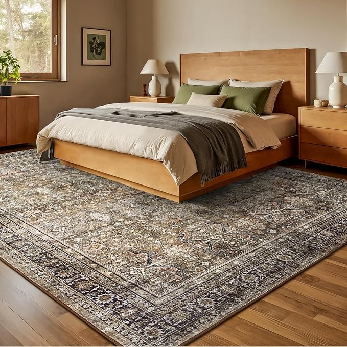 Lofus 9x12 Area Rug for Living Room,Brown Washable Large Rugs with Non-Slip Backing,Soft Neutral Carpets for Bedroom Dining Room Home Office Indoor Nursery