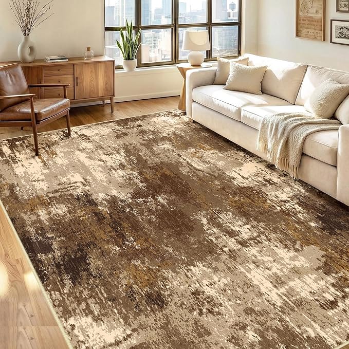 Washable Area Rugs 6'x9' Non-Slip Modern Abstract Soft for Living Room Entryway Bedroom Nursery, Print Pattern, Brown Tan Beige Coffee