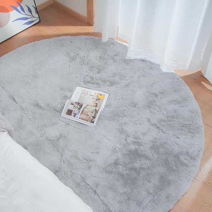 ORINOVA Round Furry Rugs for Living Room Faux Rabbit Fluffy Fur Rug for Bedroom Washable Area Rugs Boho Circle Rug Grey Shag Rug 4ft
