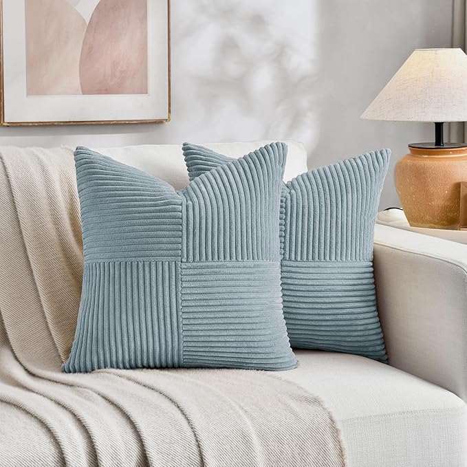 Fancy Homi Set of 2 Light Blue Samll Decorative Throw Pillow Covers 14x14 Inch with for Couch Bed Sofa, Rustic Farmhouse Boho Home Decor, Soft Cross Patchwork Corduroy Square Cushion Case 35x35 cm
