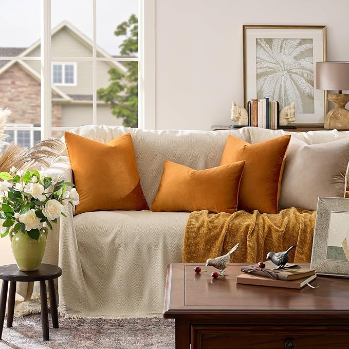 GIGIZAZA Decorative Throw Pillow Covers 26x26,Set of 2 Burnt Orange Square Couch Pillow Covers,Velvet Sofa Boho Cushion Pillows