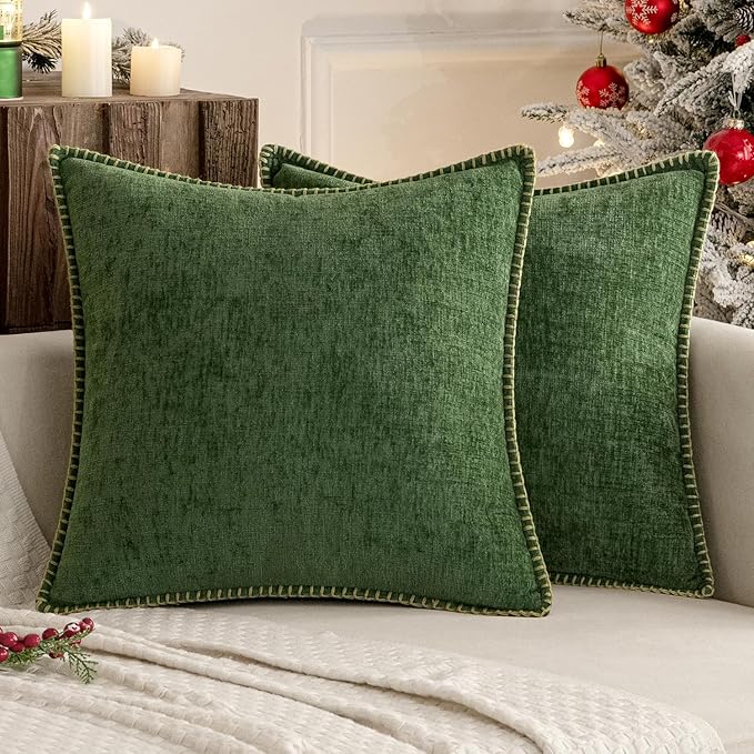 MIULEE Pack of 2 Pillow Covers 20x20 Inch Moss Green Farmhouse Decorative Throw Pillow Covers with Stitched Edge Soft Chenille Solid Dyed Couch Pillow Covers for Sofa Bed Living Room
