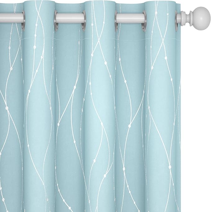 Deconovo Blackout Curtains, Thermal Insulated Soundproof Grommet Drapes, Wave Dot Foil Print, 52 x 54 Inch, Set of 2, Machine Washable Window Panel for Bedroom Living Room Nursery Kitchen, Light Blue