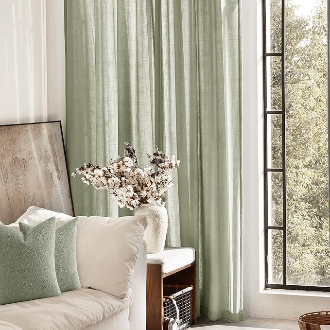 Linen Blend Sage Green Curtains 102 inch Length 2 Panels for Bedroom Back Tab Light Filtering Semi Sheer Drapes Linen Cotton Textured Light Green Airy Modern Farmhouse Living Room Sage Aesthetic Decor