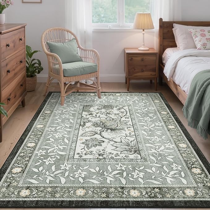 GarveeHome Provence Botanical Grove 4x6 Rug Vintage Cottagecore Soft Gray Fog Green 4x6 Washable Rug for Bedroom Living Room Nursery Kitchen Entryway Indoor Mat