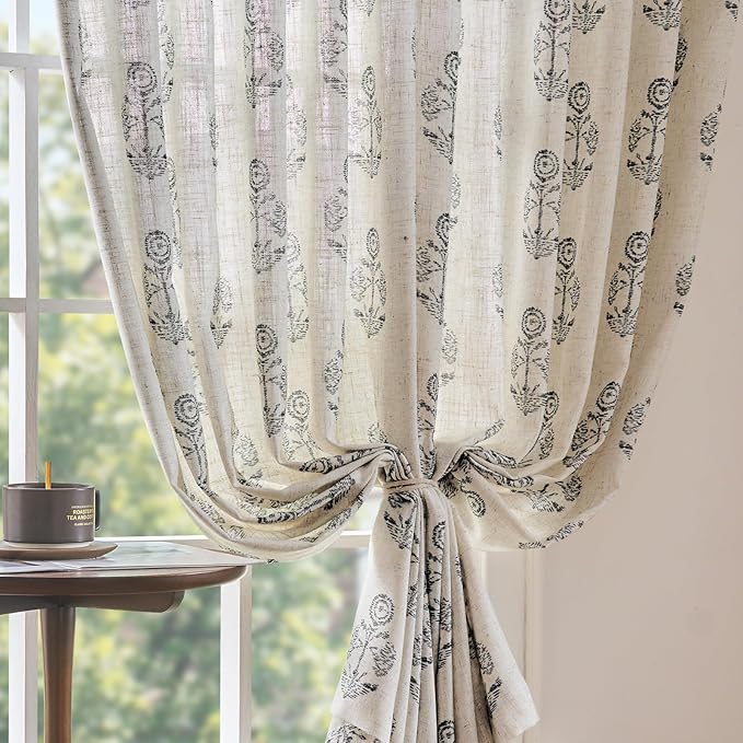 jinchan Linen Floral Curtains for Living Room 84 Inch Length Black Flower Cottage Core Farmhouse Curtains Rod Pocket Back Tab Boho Semi Sheer Window Drapes Bedroom Set 2 Panels Black on Beige