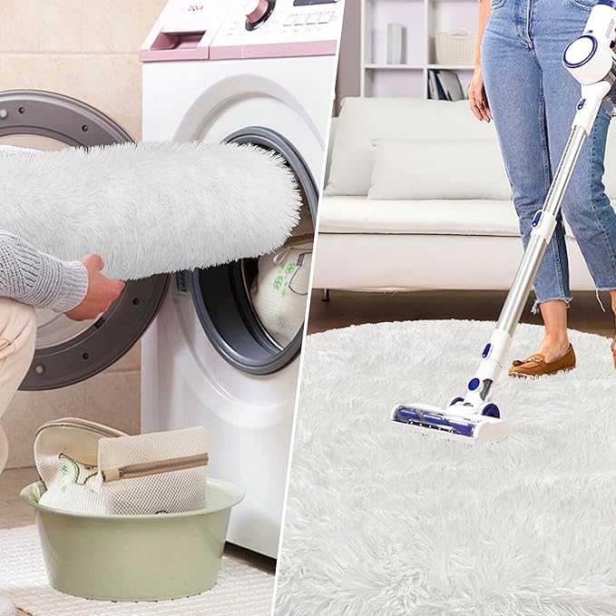 6x6 ft Tie Dye White Round Rug for Bedroom Room Fluffy Circle Rug Furry Carpet Shaggy Circular Fuzzy Washable Non-Slip Large Area Rug Soft Indoor for Living Room Cute Aesthetic Home Decor