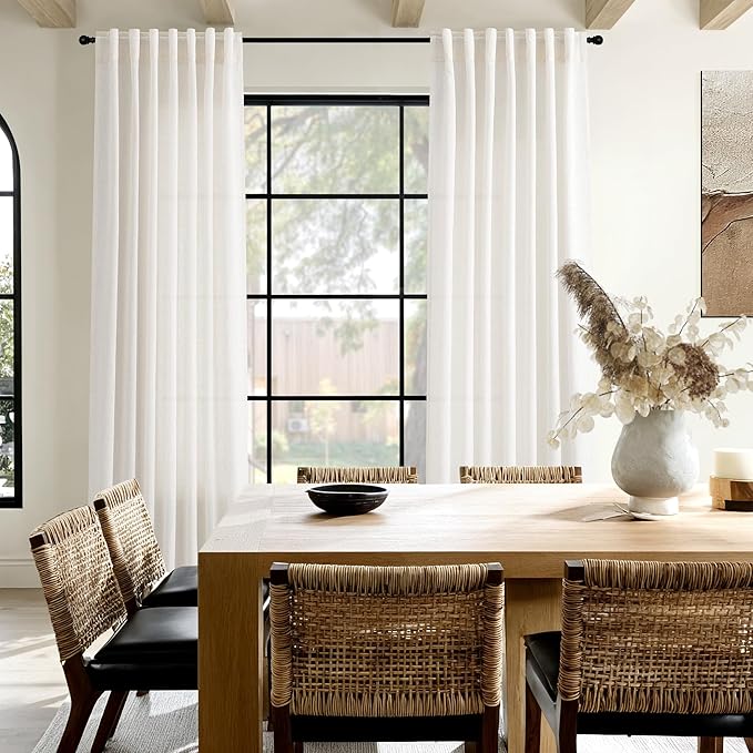 Ivory White Linen Back Tab Curtains 84 Inch Length for Bedroom/Living Room 2 Panel Set Neutral Modern Farmhouse Window Privacy Semi Sheer Linen Drapes Rustic Pinch Curtain Ivory 52X84