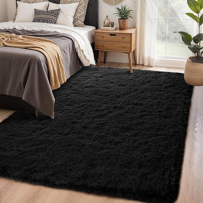 Chicrug Soft Area Rugs for Bedroom Living Room Plush Fluffy Rug 9x12 Feet, Shag Furry Area Rug Carpet Non Shedding for Nursery Children Kids Girls Room Home Decorative, Black