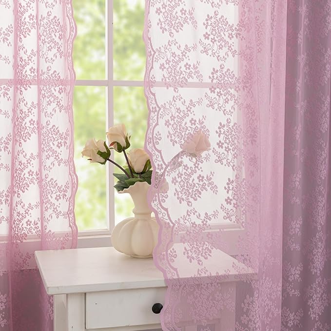 YJ YANJUN Vintage Lace Curtains 108 Inch Long-Victorian Floral Pattern Lilac Sheer Curtain Panels for Living Room Bedroom,Light Filtering, Cute Girls Drapes 2 Panels 52W x 108L Purple Blush