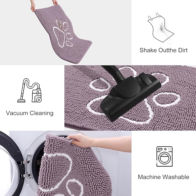 Smiry Dog Door Mat for Muddy Paws, Absorbent Dirt Trapper Non Slip Quick Dry Washable Chenille Mat for Mud Dogs, Entry Rug for Indoor and Outdoor (40x32 Inches, Deep Plum and White)