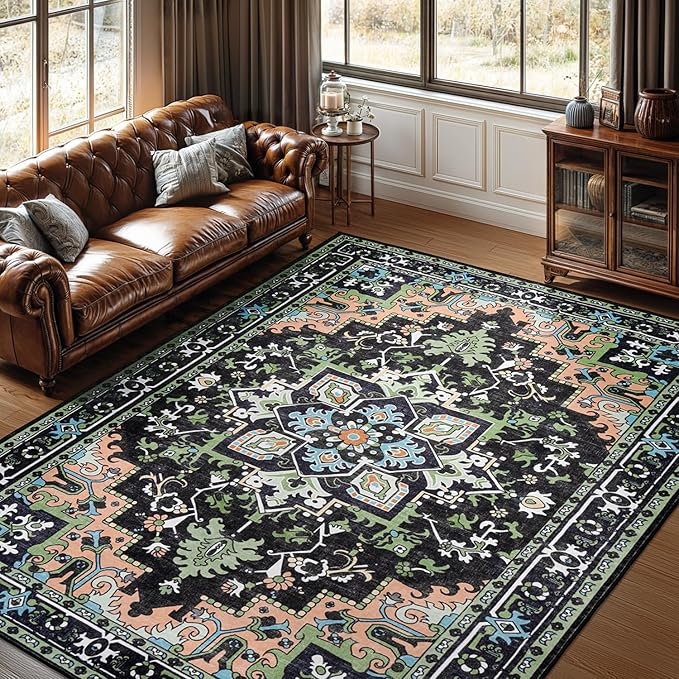 Lofus 8x10 Area Rugs, Large Area Rug for Living Room, Floral Washable Area Rug for Bedroom, Office, Dining Room, Non-Slip Vintage Boho Rug, Low-Pile Soft Carpet, Traditional Oriental Style, Dark Green