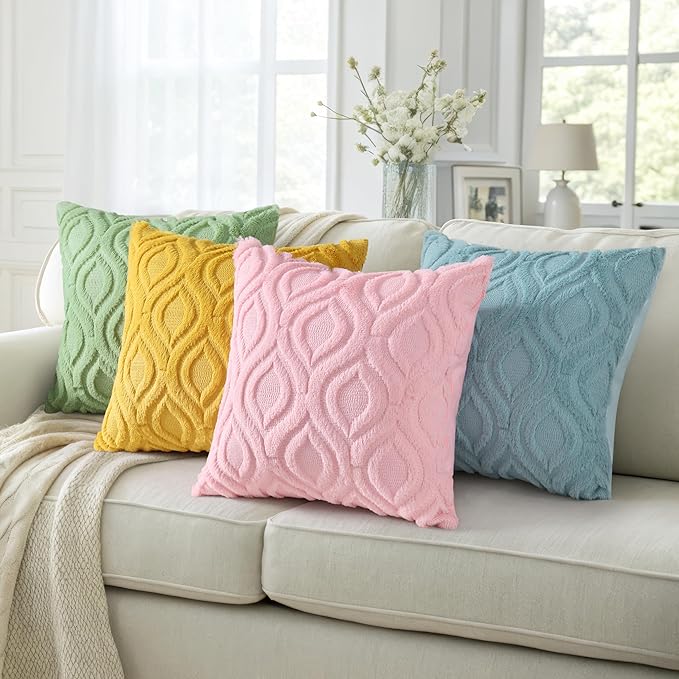 decorUhome Summer Throw Pillow Covers 16x16 Inch Set of 2, Soft Plush Faux Wool Aqua Solid Couch Pillow Covers, Accent Farmhouse Neutral Square Pillow Cases for Sofa Bed Living Room