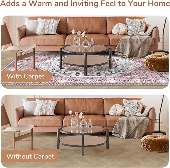OPPODREAM Soft Area Rugs 9x12 Living Room, Washable Rugs 9x12 with Non Slip Backing, Faux Cashmere Low-Pile 9 x 12 Carpet, Pink & Cream
