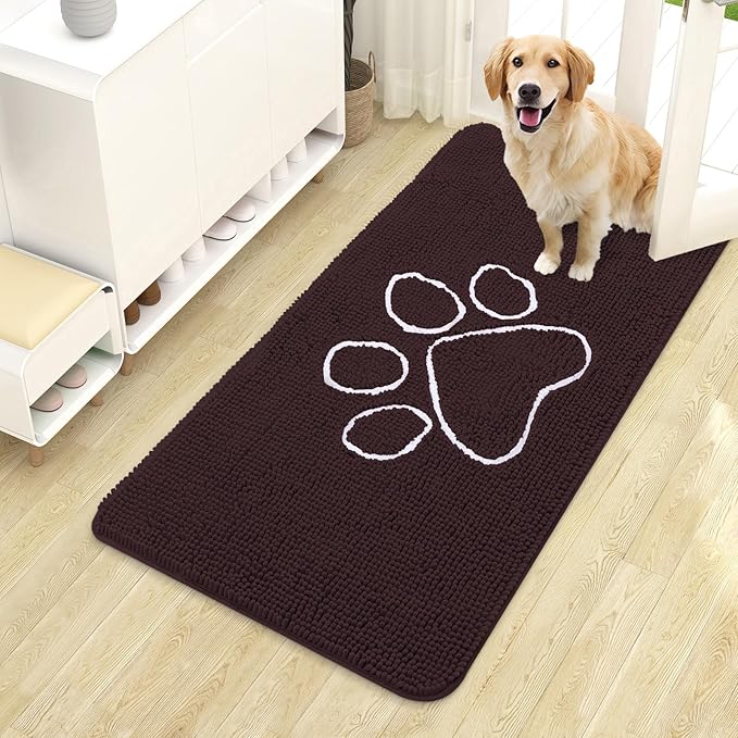 OLANLY Dog Door Mat for Muddy Paws 44x24, Paw Print Design, Absorbs Moisture and Dirt, Absorbent Non-Slip Washable Doormat, Quick Dry Chenille Mud Mat for Dogs, Entry Indoor Entryway Carpet, Brown