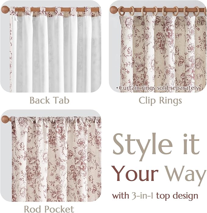 jinchan Lined Linen Blend Curtain Floral Curtains for Living Room 90 Inches Long Farmhouse Red Flower Printed Curtain Rod Pocket Back Tab Peony Patterned Drapes Curtains Set 2 Panels