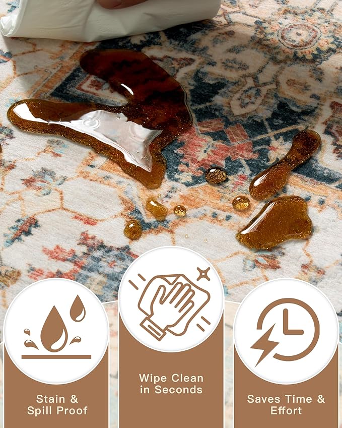 Madane Runner Rug 2x8, Washable Hallway Runner Rugs, Non-Slip Low-Pile Soft Kitchen Rug Runner Laundry Room Rug, Vintage Throw Entry Foyer Mat for Entrance Living Room (Orange/Blue, 2 x 8)