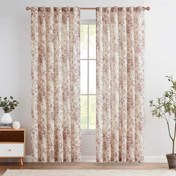 jinchan Linen Blend Curtain Floral Curtains for Living Room 84 Inch Length Farmhouse Brick Red Printed Curtain Rod Pocket Back Tab Peony Flower Patterned Drapes Curtains Set 2 Panels