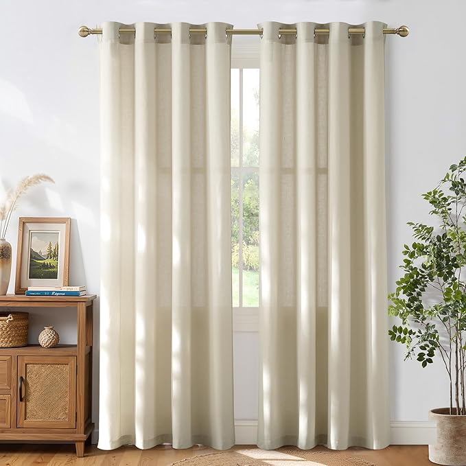 NICETOWN Bone White Linen Sheer Bedroom Curtains, Grommet Thick Flax Semi Sheer Window Treatments Privacy Assured with Light Filtering for Living Room, W55 x L96, 2 Panels