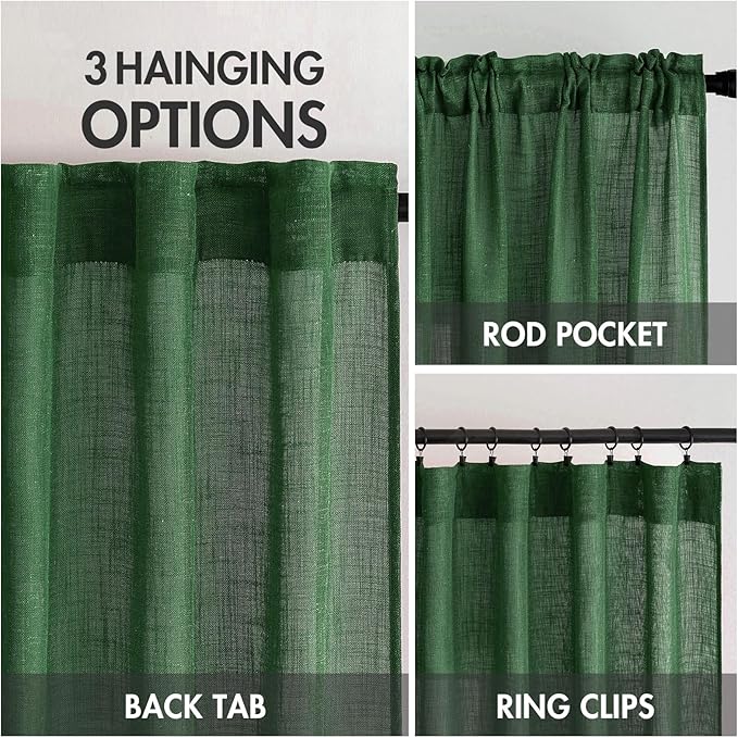MIULEE Emerald Green Linen Curtains 90 Inch Long for Bedroom Living Room, Soft Thick Linen Textured Window Drapes Semi Sheer Light Filtering Rod Pocket Back Tab Christmas Burlap Look, 2 Panels