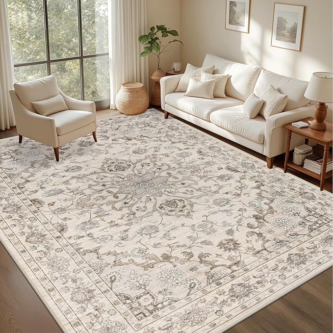 8x10 Area Rugs for Living Room: Washable Rug Soft Vintage Distressed Floral Carpet Indoor Floor Non-Slip Stain Resistant Large Carpets for Bedroom Dining Room Farmhouse Nursery Home Office Brown Beige