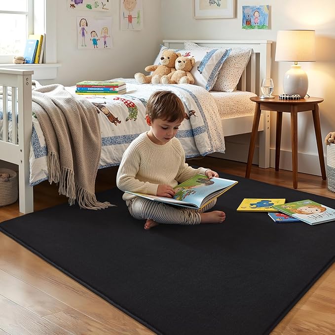 Amearea 6x6 Square Area Rugs for Bedroom Living Room, Modern Black Thickened Memory Foam Rug, Fluffy Indoor Washable Rugs Non Slip Minimalist Carpet for Kids Boys Girls Dorm Nursery Room Decor