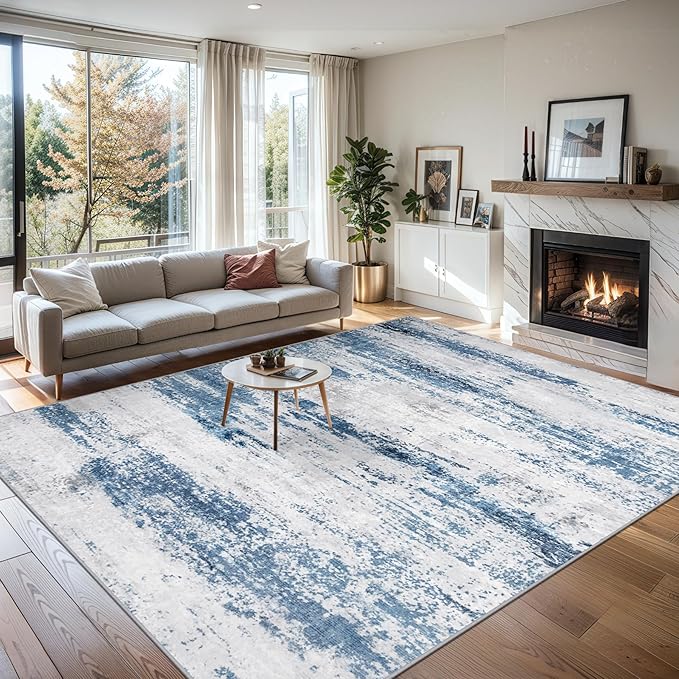 6x9 Area Rugs for Living Room - Washable Rug Modern Abstract Soft Large Neutral Non-Slip Carpet Indoor Floor Thin Carpets for Bedroom Dining Room Farmhouse Nursery Home Office White Blue Grey
