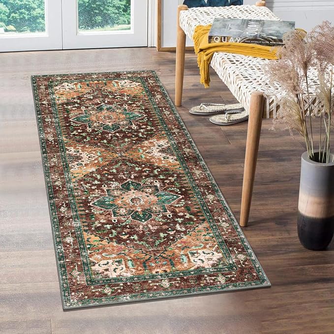 Yamaziot Washable Runner Rug, 2x5 Non-Slip Boho Vintage Hallway Rug Runner with Rubber Backing, Stain Resistant Distressed Carpet Runner for Bedroom, Kitchen, Laundry, Entrance