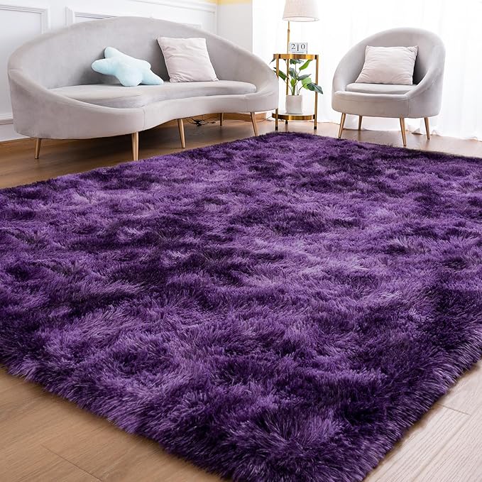 Goideal Fluffy Rug for Bedroom Living Room, 6x9 Purple Area Rugs, Faux Fur Shag Modern Carpet Ultra Soft Girls Boys Room Home Decor, Tie-Dyed