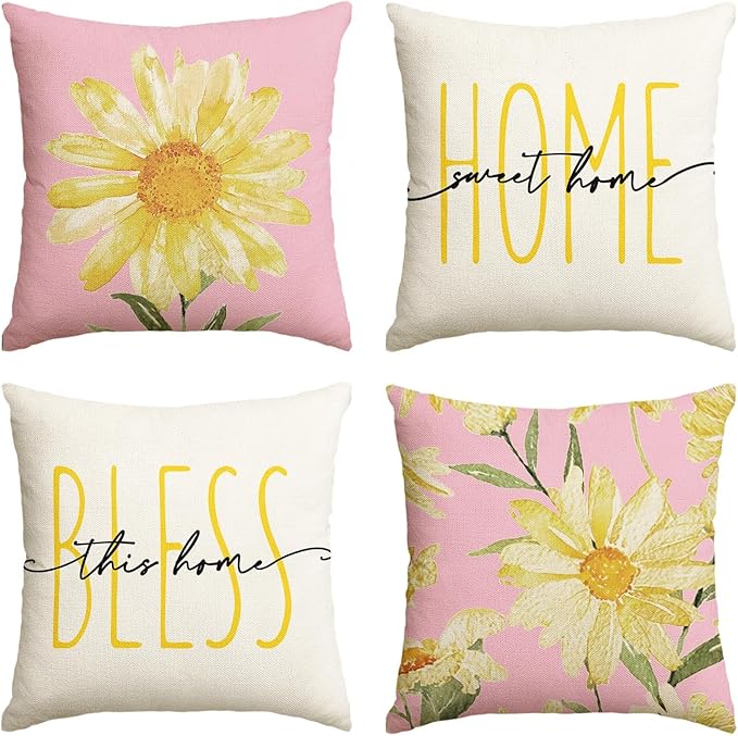 AVOIN colorlife Home Sweet Home Spring Summer Flowers Pink Throw Pillow Covers, 16 x 16 Inch White Cushion Case for Sofa Couch Set of 4