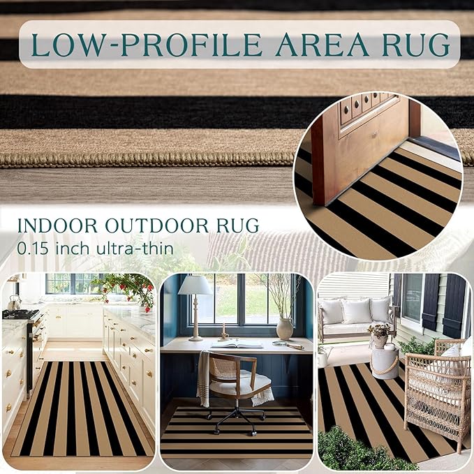 Black Tan Striped Entry Rug - 3x5 Ft Washable Indoor Outdoor Front Door Mat Outside Entrance Front Porch Mat Non-Slip Floor Carpet for Living Room Bedroom Entryway Kitchen Office Porch Decor