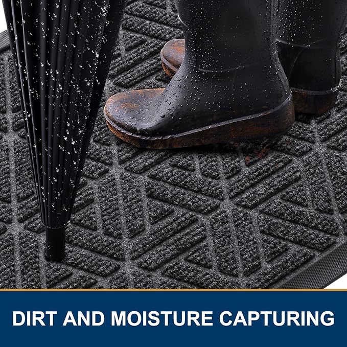 Smiry Front Door Mat Outside Entrance, Heavy Duty Sturdy Natural Rubber Doormat, Trap Dirt and Moisture, Easy Clean Low Profile Mats for Indoor Outdoor Entry, Grid Geometric (59x23, Grey)