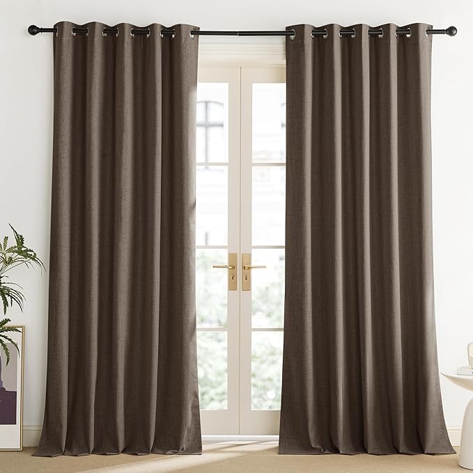 NICETOWN Coffee Vintage Linen 100% Blackout Curtains for Living Room, Thermal Insulated Curtains 90" Long, Noise Reducing Window Treatment Drapes for Home Office, 62" Wide Per Panel, Set of 2