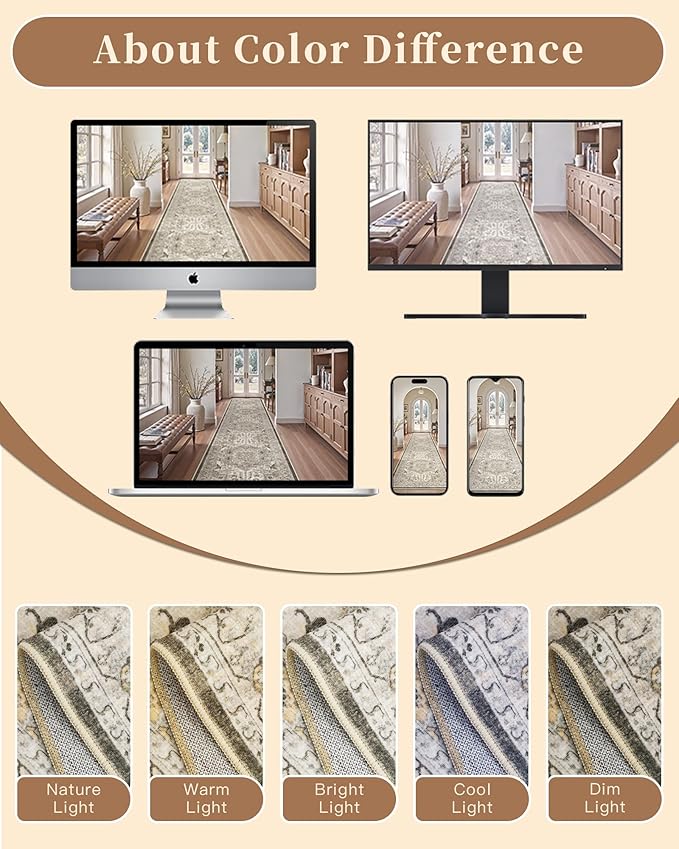 Madane Hallway Runner Rug 2'6''x12' Kitchen Runner, Non Slip Vintage Runners for Hallways Washable Kitchen Rugs Soft Low Pile 2.5x12 ft Rug Runner for Laundry Room, Entryway and Bedroom, Ivory/Brown